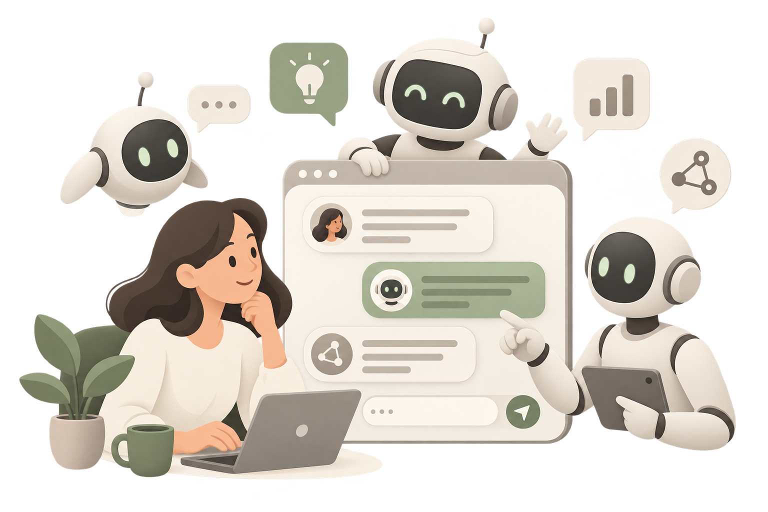 Human working visibly with a group of AI agents