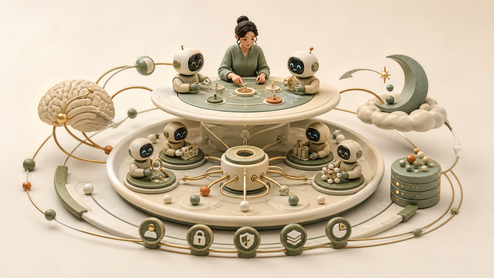 A human and AI agents collaborating above a connected specialist network, surrounded by memory, caching, dreaming, and governance symbols